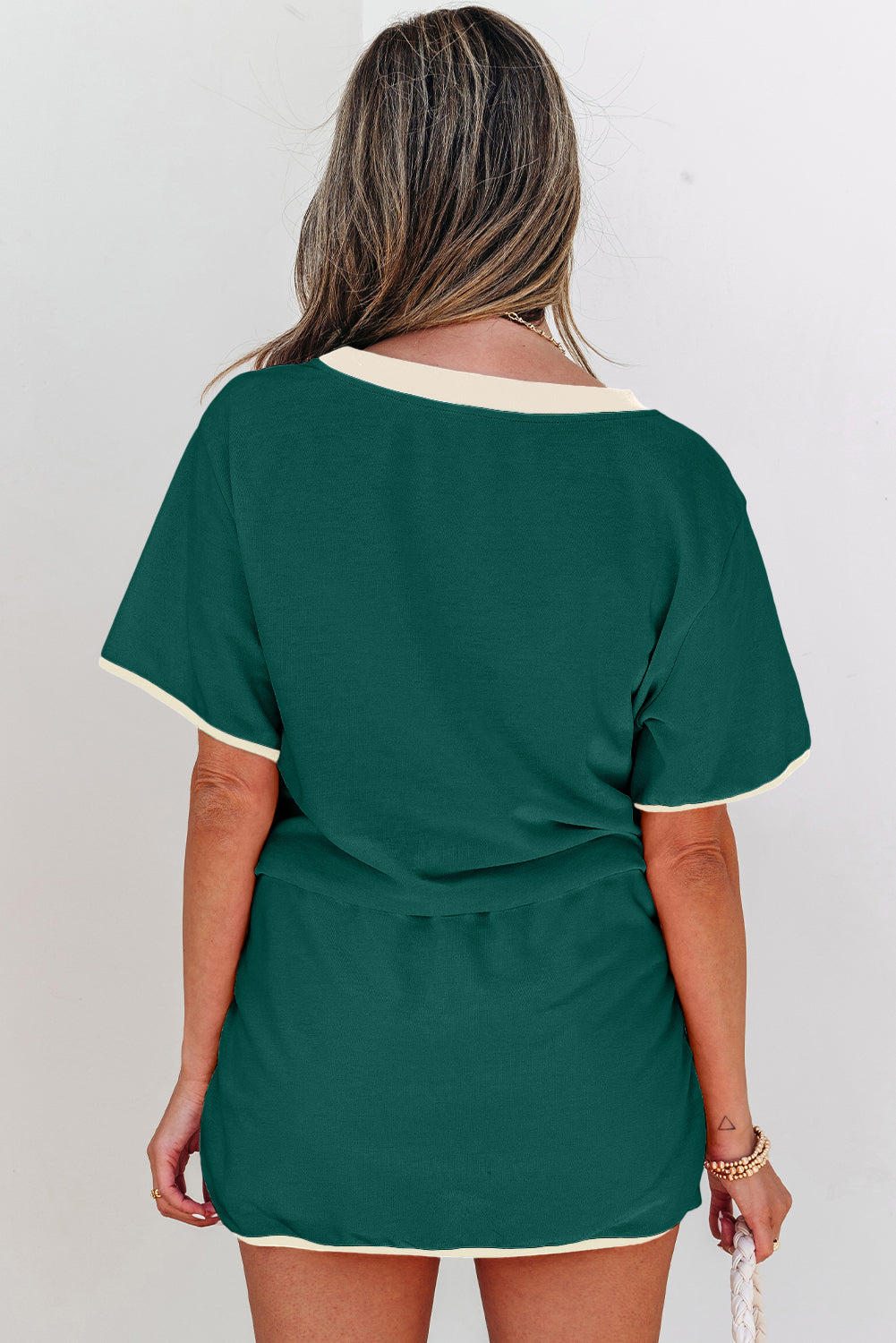 Turquoise Colorblock Edge Drop Shoulder T Shirt and Skort 2Pcs Set